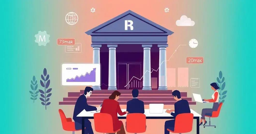 Ilustração digital de um grupo de cinco pessoas em uma reunião de negócios em frente a um prédio com fachada que lembra um banco, indicado pela letra 'R' no frontão. O prédio está contra um fundo gradiente que vai do verde-azulado na parte inferior ao rosa na parte superior. À esquerda, uma pessoa sentada à mesa redonda com documentos, enquanto outra apresenta dados em uma tela de laptop. À direita, três pessoas sentadas em outra mesa, também revisando documentos e trabalhando em laptops. Acima delas, ícones flutuantes: dois balões de chat, um com 'M' e outro com '73mak', e um ícone de envelope com '20max'. Nas laterais da imagem, há plantas e, à esquerda, um gráfico de linha ascendente indicando crescimento ou progresso positivo.