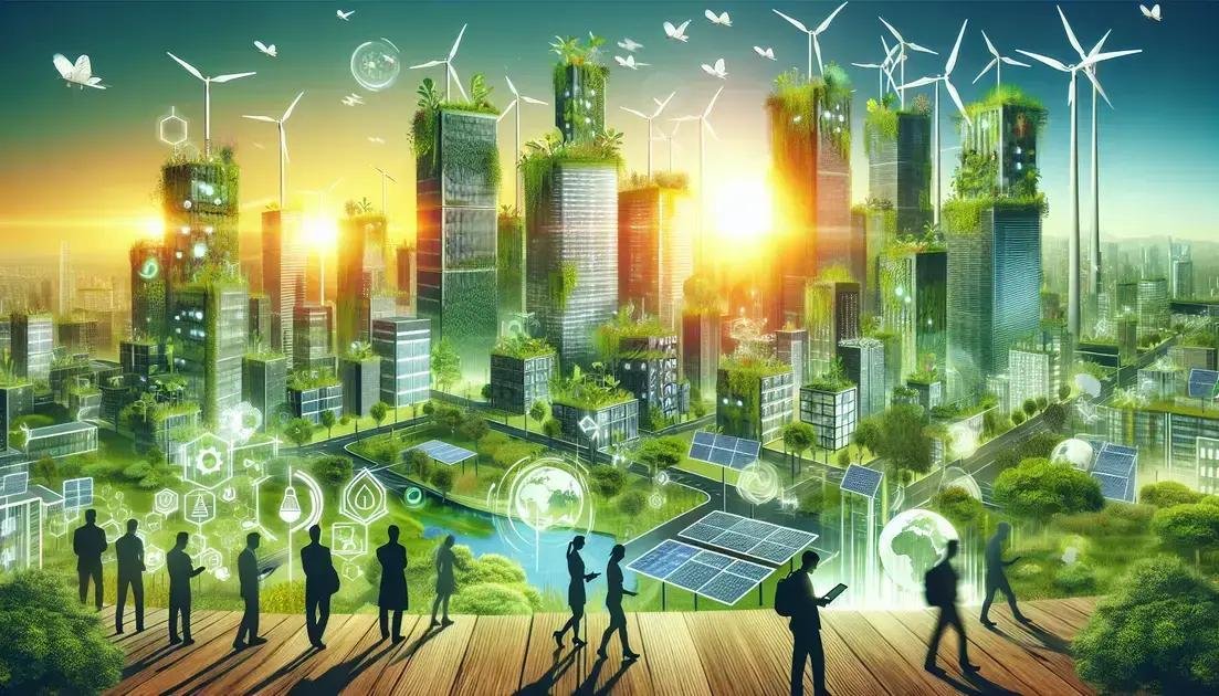 A imagem retrata uma paisagem urbana futurista com forte ênfase em tecnologia verde e vida sustentável. O horizonte é dominado por edifícios altos cobertos de vegetação, com árvores e plantas crescendo nos terraços e telhados. Vários aerogeradores estão intercalados entre os edifícios, sugerindo uma dependência de fontes de energia renováveis. Em primeiro plano, há uma plataforma de madeira onde silhuetas de pessoas estão de pé, observando a cidade. O céu está claro com um brilho quente do sol se pondo ou nascendo ao fundo, lançando luz sobre a cena. Painéis solares são visíveis em alguns dos edifícios, indicando o uso de energia solar. Também há ícones gráficos flutuando acima da cidade que representam vários conceitos tecnológicos e ecológicos, como sinais de Wi-Fi, engrenagens, folhas simbolizando sustentabilidade e gotas de água indicando conservação ou gestão da água. Pássaros podem ser vistos voando no céu, o que adiciona à harmonia entre natureza e tecnologia retratada nesta imagem.